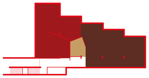 Vista en planta y distribución coloreada de las diferentes salas expositivas de la primera planta del Arkeologi Museoa