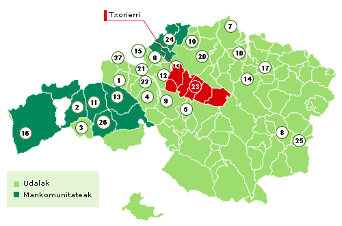 Bizkaiko mapa Txorierri nabarmenduz