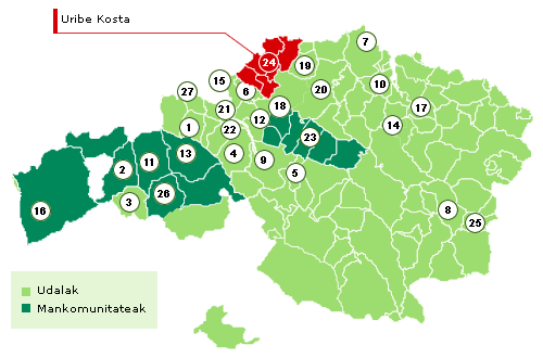Bizkaiko mapa Uribe Kosta nabarmenduz